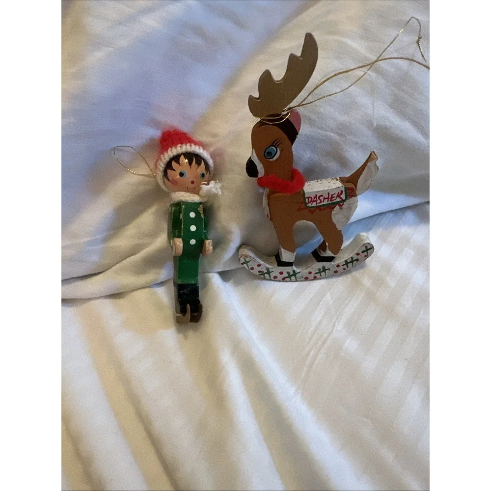 Vintage Kurt Adler Santa's Reindeer Dasher & SkierChristmas Ornament Wooden 1977